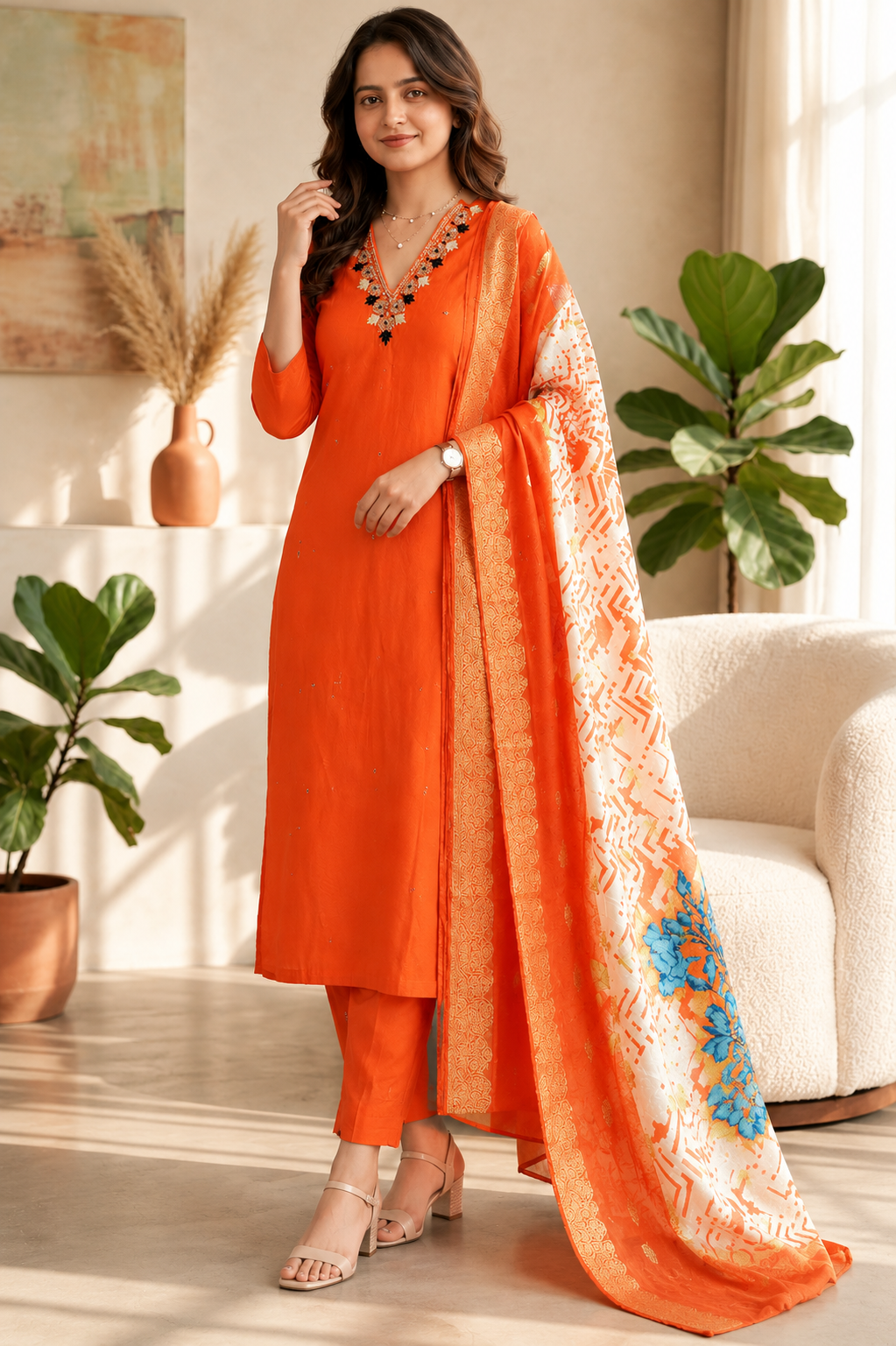 Orange Roman Silk Hand Work Kurta Pant Dupatta Set