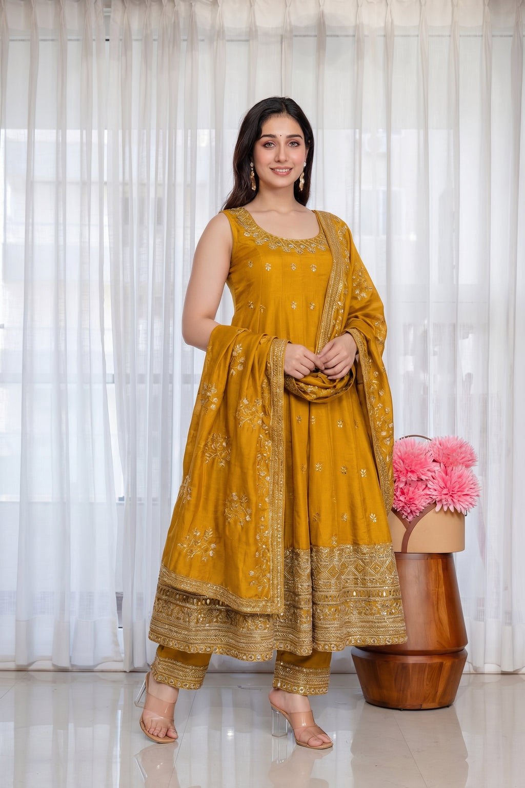 Wine Vichitra Silk Embroidered Gown Set