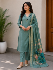  C-Green Roman Silk Kurta Pant Dupatta Set with Hand Work and Floral Jacquard Dupatta