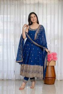 Wine Vichitra Silk Embroidered Gown Set