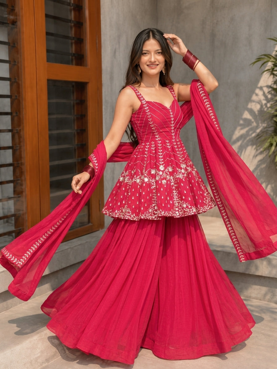 Rani Pink Faux Blooming Embroidered Sharara Suit Set