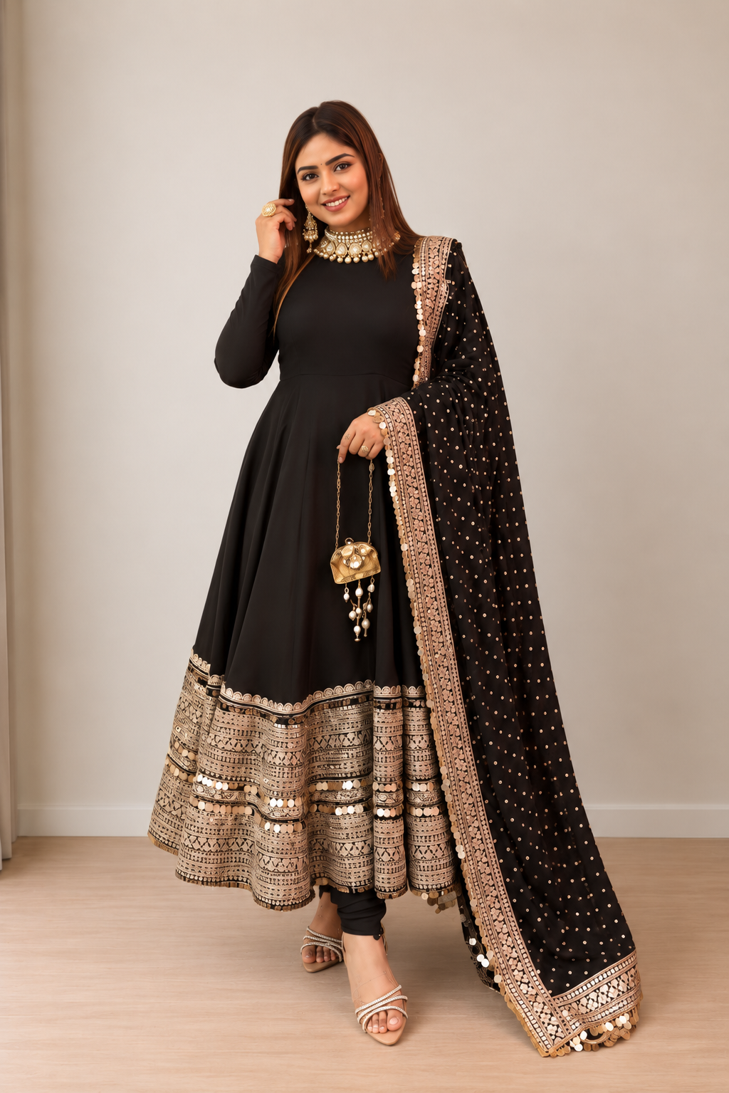 Black Rayon Embroidered Anarkali Suit Set Main image