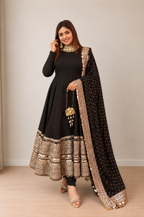 Black Rayon Embroidered Anarkali Suit Set