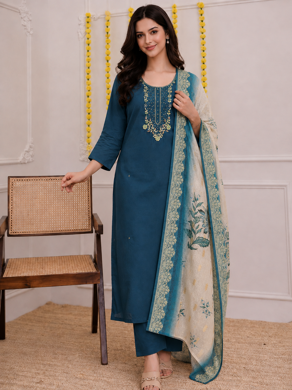Morpich Roman Silk Hand Work Kurta Pant Dupatta Set