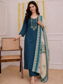 Morpich Roman Silk Hand Work Kurta Pant Dupatta Set