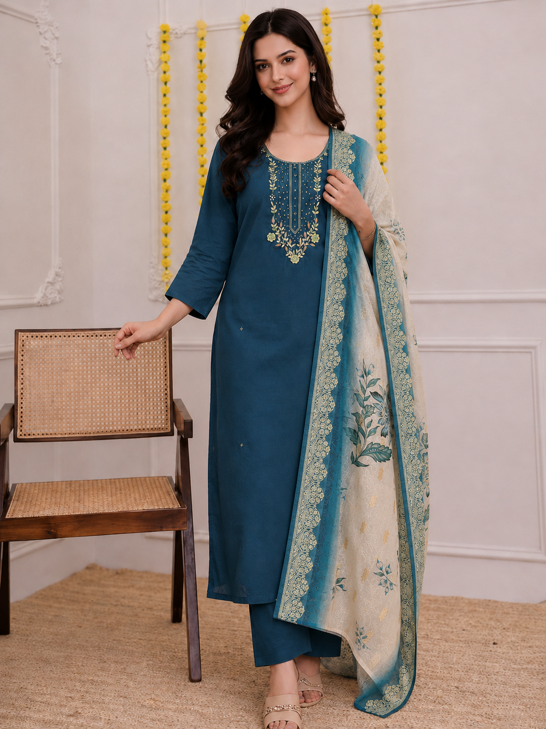 Morpich Roman Silk Hand Work Kurta Pant Dupatta Set
