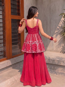 Rani Pink Faux Blooming Embroidered Sharara Suit Set