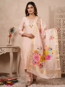 Light Peach Roman Silk Hand Work Kurta Pant Dupatta Set with Heavy Lichi Silk Jacquard Dupatta