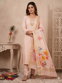Light Peach Roman Silk Hand Work Kurta Pant Dupatta Set