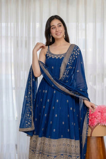 Wine Vichitra Silk Embroidered Gown Set