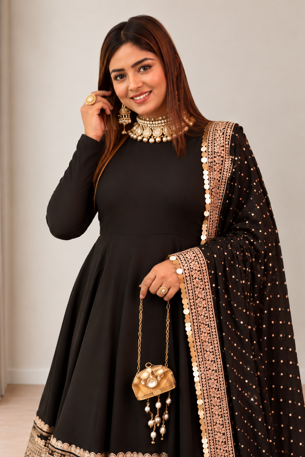 Black Rayon Embroidered Anarkali Suit Set