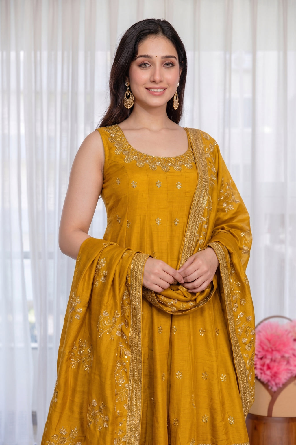 Wine Vichitra Silk Embroidered Gown Set