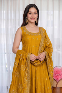 Wine Vichitra Silk Embroidered Gown Set