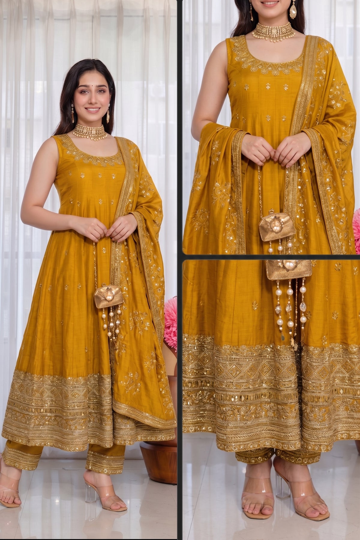 Wine Vichitra Silk Embroidered Gown Set