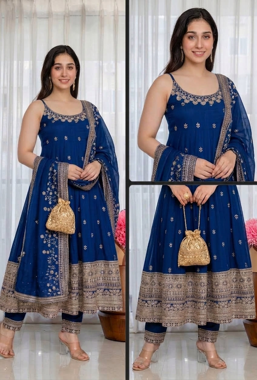 Wine Vichitra Silk Embroidered Gown Set