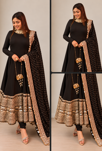 Black Rayon Embroidered Anarkali Suit Set