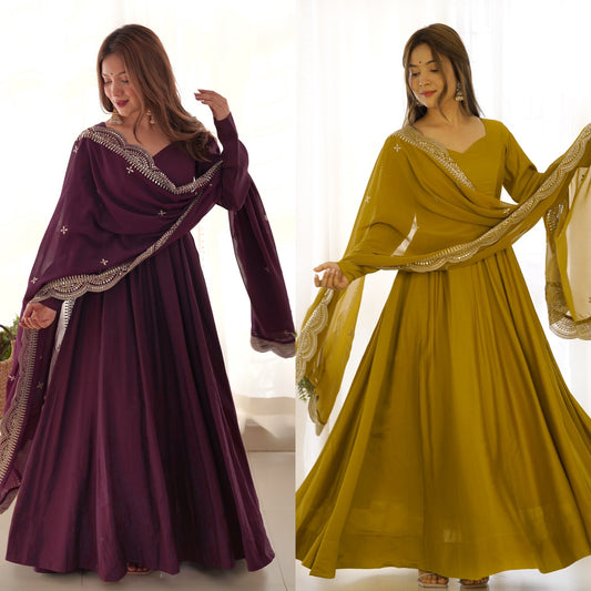 Decent Wine And Mustard Roman Silk Anarkali Gown NKB-40