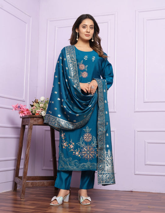 Delightful Russian Silk Blue Color Kurta With Pent GC-9701