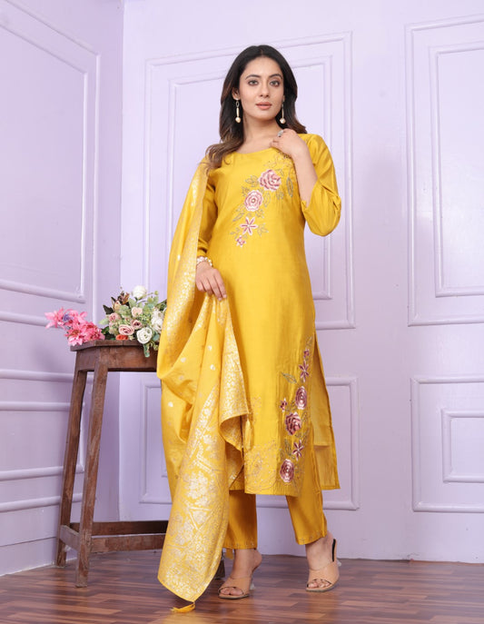 Delightful Russian Silk Yellow Color Kurta With Pent GC-9701