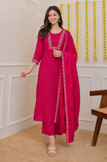 Pink Roman Silk Embroidered Kurta Pant Dupatta Set with Thread Embroidery and Sequins Work