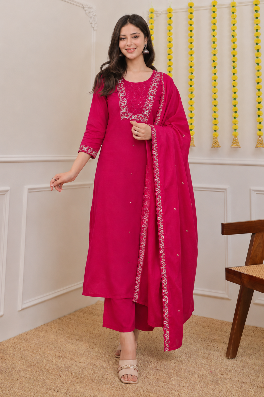 Pink and  Rama Color Embroidered Suit Set