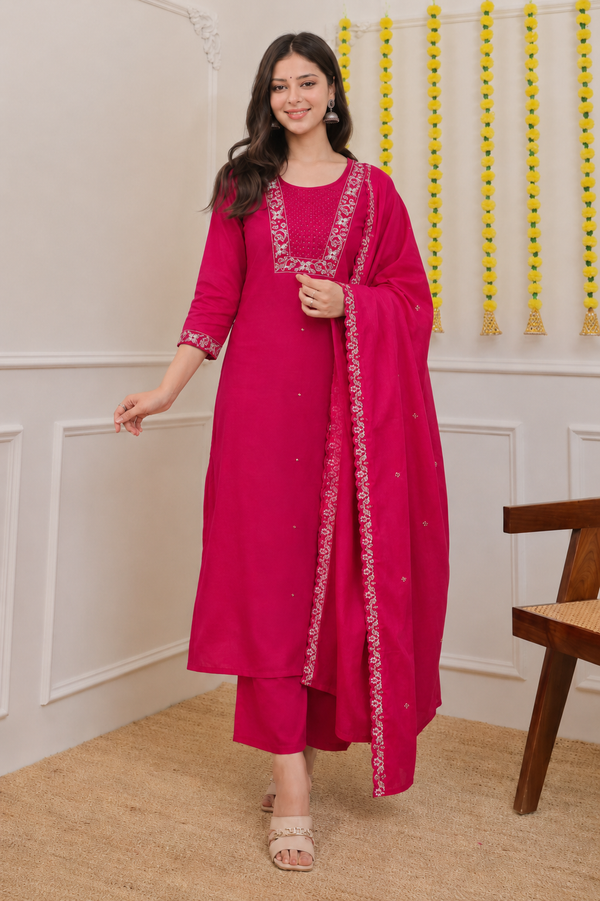 Pink and  Rama Color Embroidered Suit Set