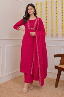 Pink Roman Silk Embroidered Kurta Pant Dupatta Set