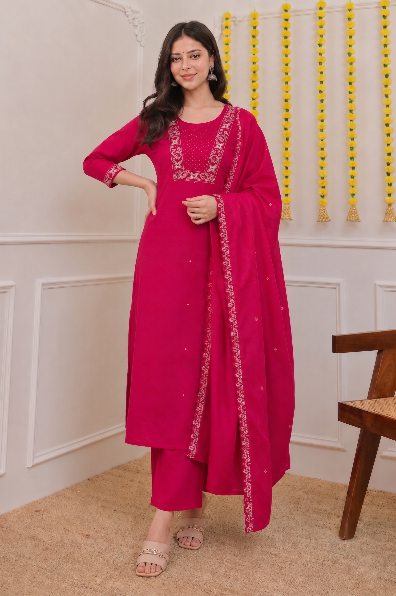 Pink and  Rama Color Embroidered Suit Set