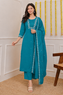 Pink Roman Silk Embroidered Kurta Pant Dupatta Set
