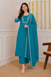 Pink Roman Silk Embroidered Kurta Pant Dupatta Set