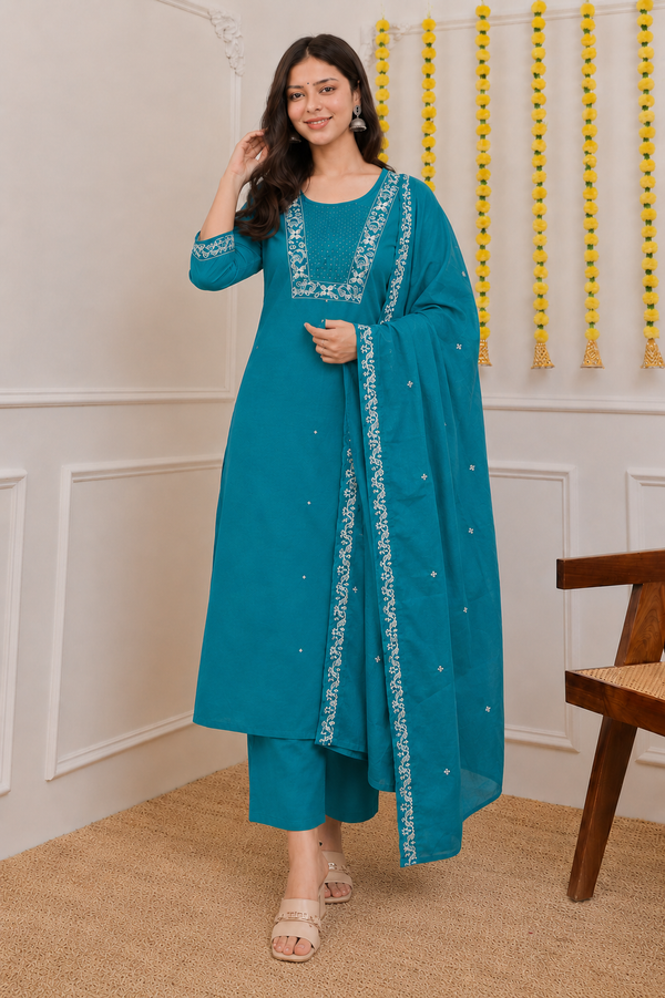 Pink and  Rama Color Embroidered Suit Set
