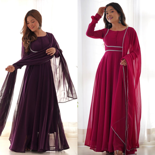 Delightful Georgette Wine And Pink Color Ready To Wear Gown NKB-36