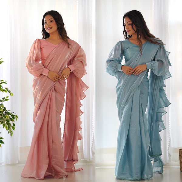 Charming Jimmy Choo Organza Pink And Sky Blue Color Ready To Wear Saree NKB-42