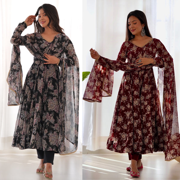 Presenting V Neck Black And Maroon Color Anarkali Suit KB-271