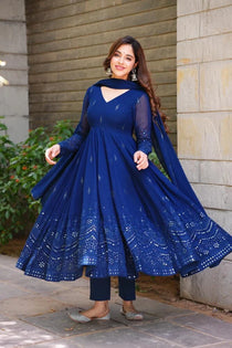 Navy Blue Georgette Embroidered Anarkali Suit Set