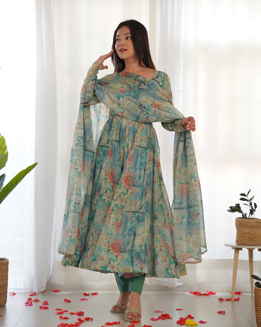 Graceful Sky Blue Organza Print Round Neck Anarkali Suit KB-266