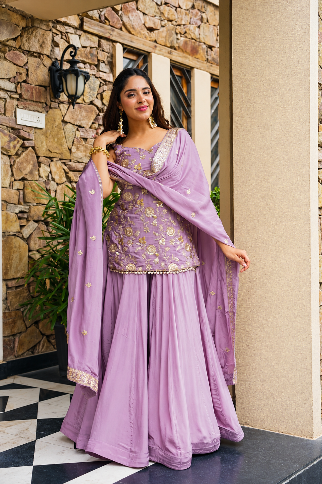 Lavender Sequin Zari Work Sharara Suit Set with Dupatta Main image