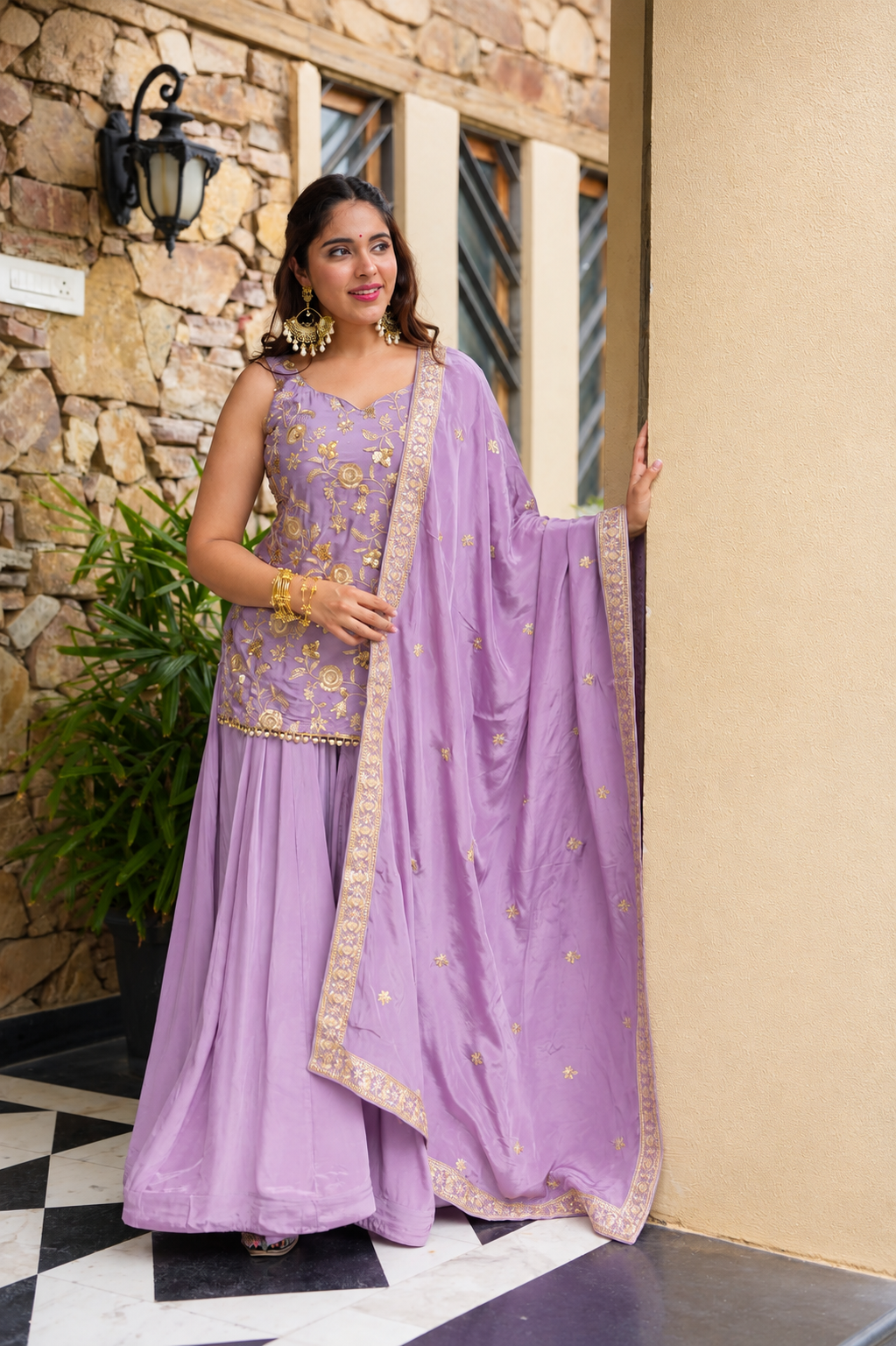 Lavender Sequin Zari Work Sharara Suit Set