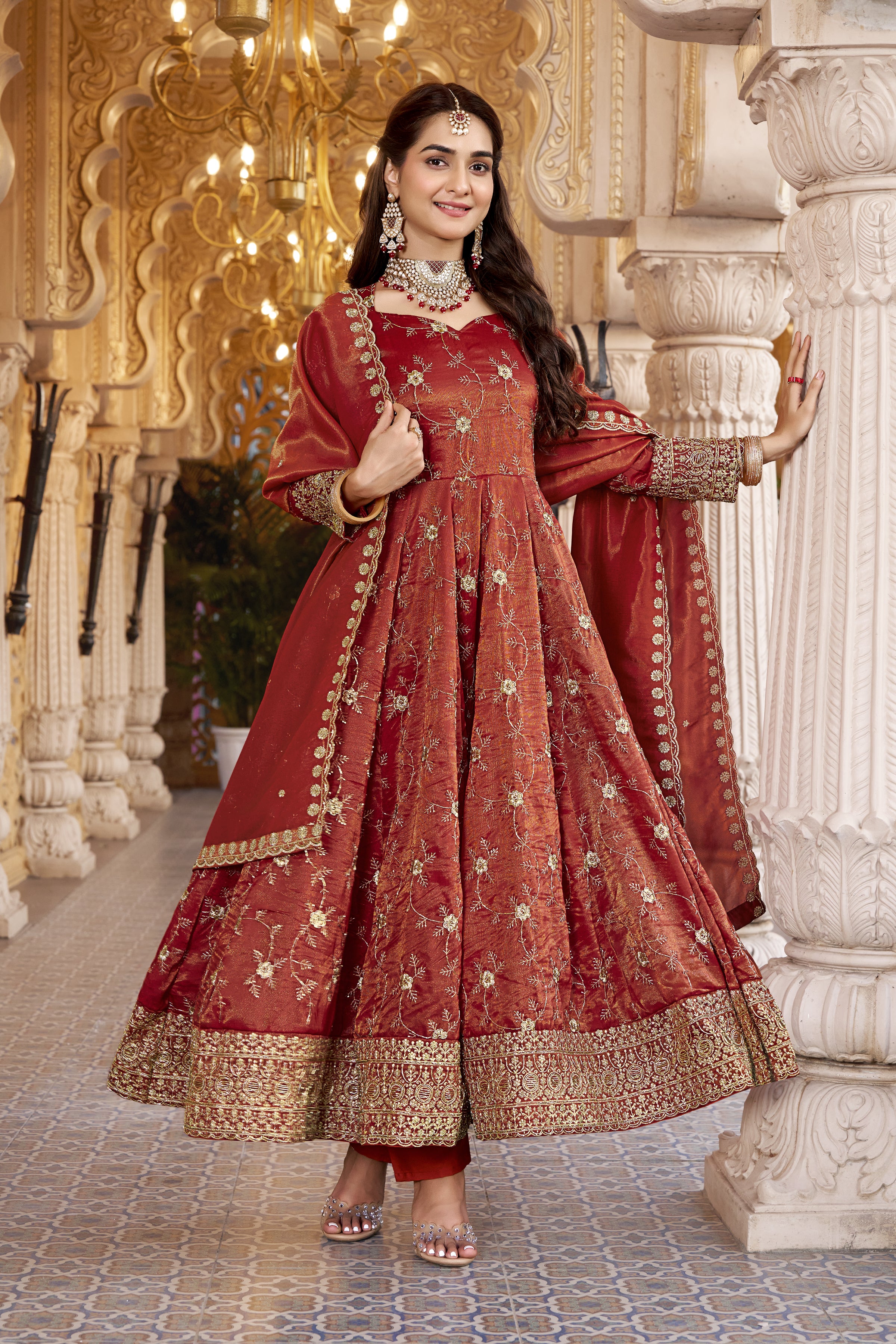 Rust Embroidered Anarkali Suit Set Front View with Matching Dupatta