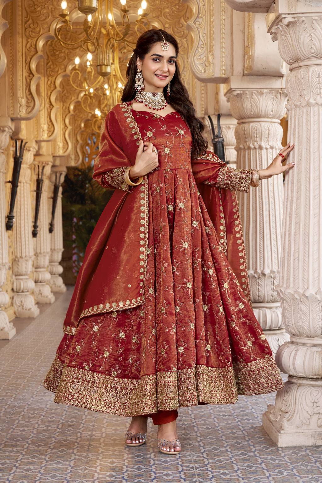 Rust Sequins Embroidered Anarkali Suit Set