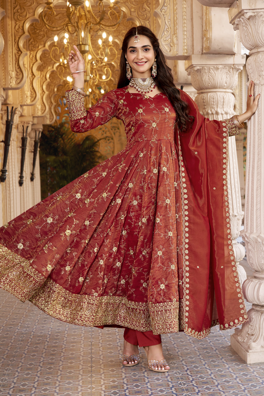 Rust Sequins Embroidered Anarkali Suit Set