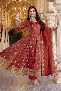 Rust Sequins Embroidered Anarkali Suit Set