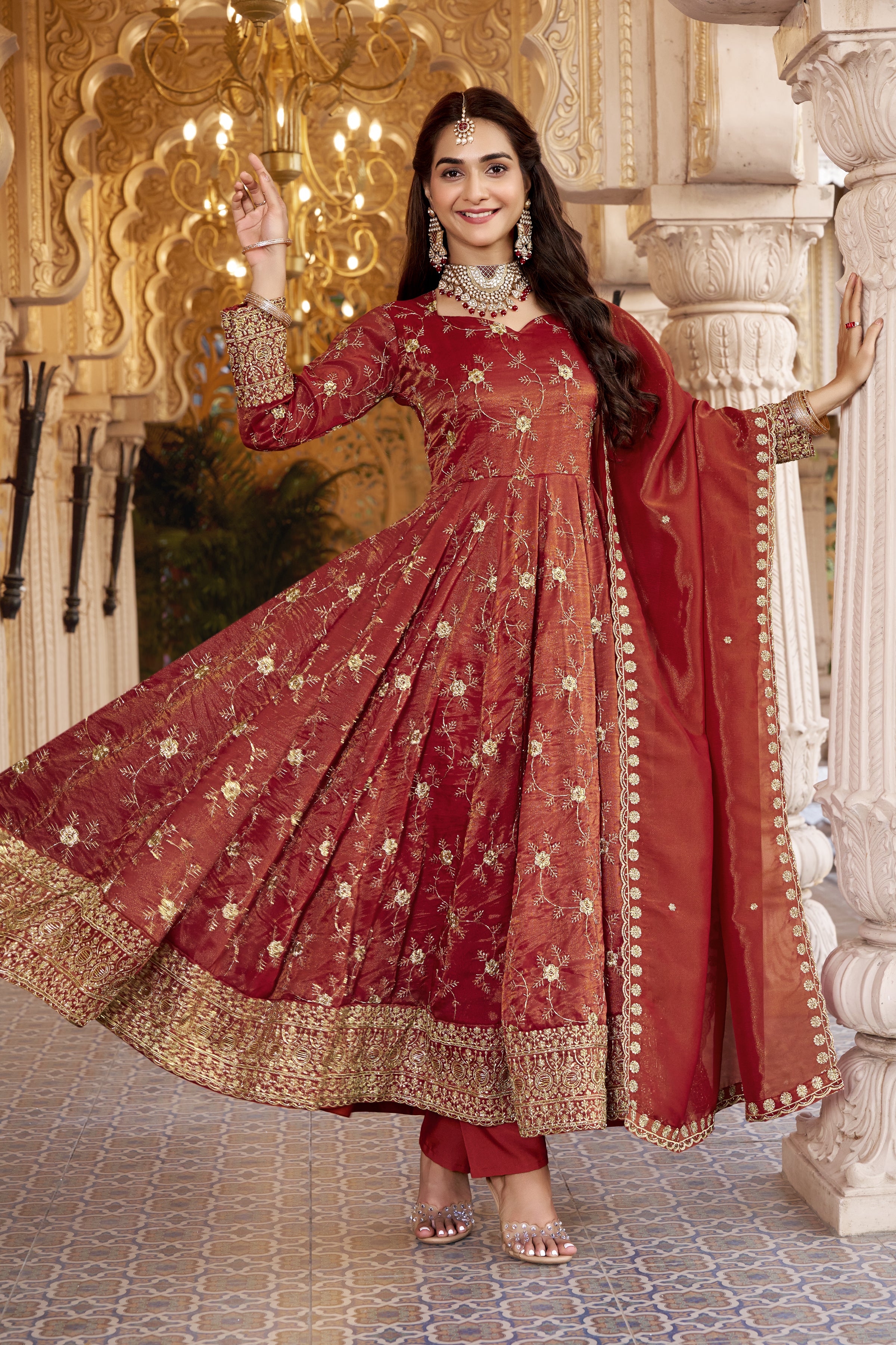 Rust Sequins Embroidered Anarkali Suit Set