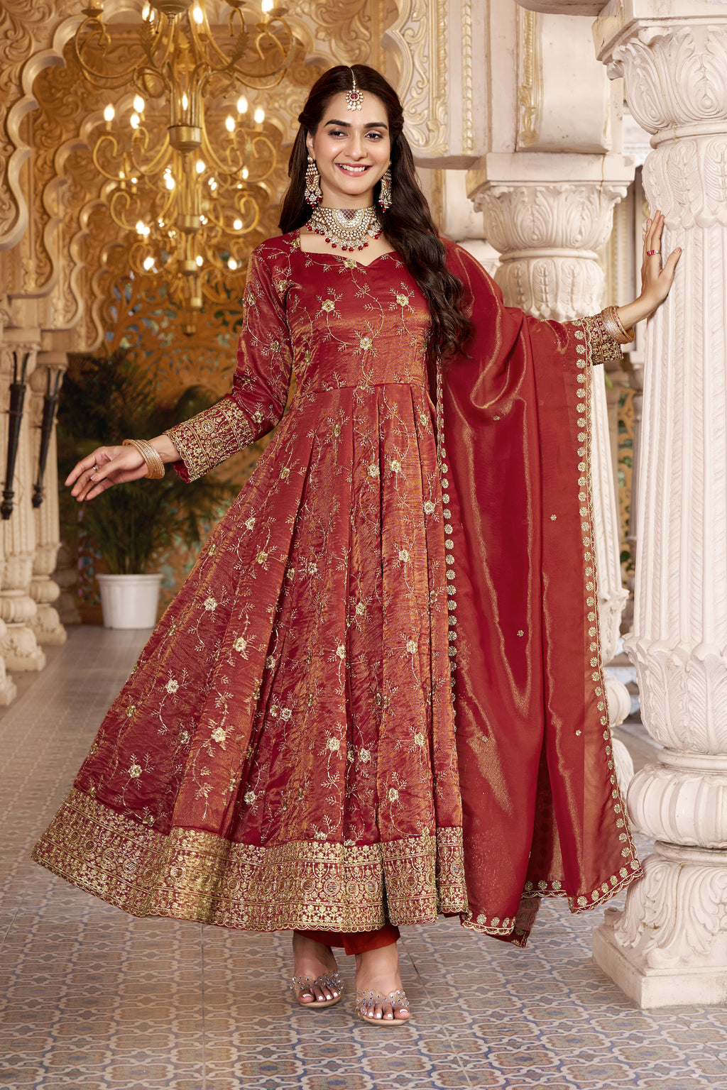 Rust Sequins Embroidered Anarkali Suit Set