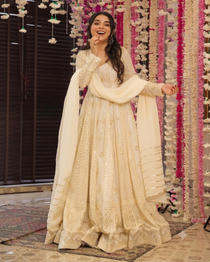 Off White Sequin Embroidered Anarkali Suit Set with Fox Georgette Dupatta