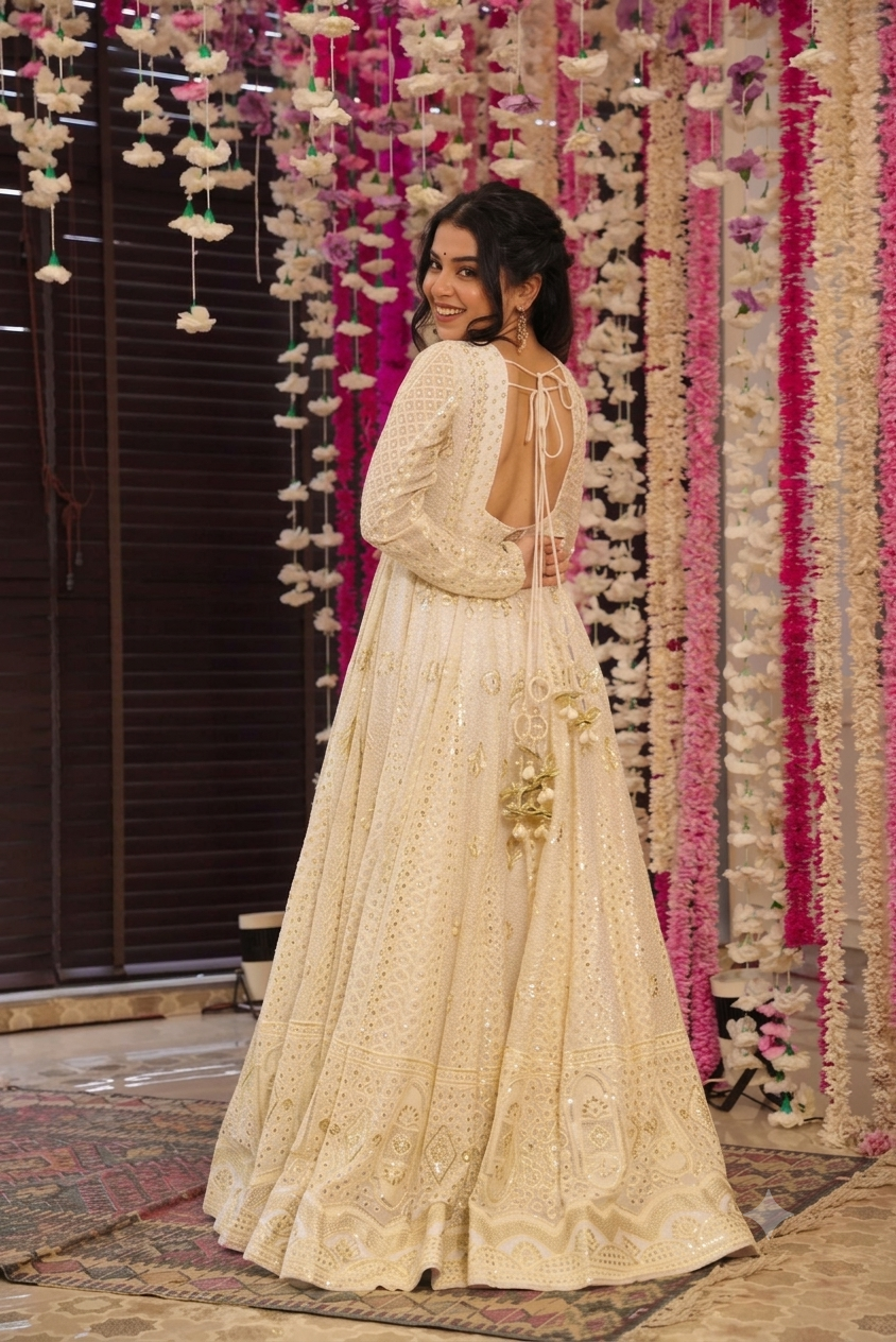 Off White Sequin Embroidered Anarkali Suit Set