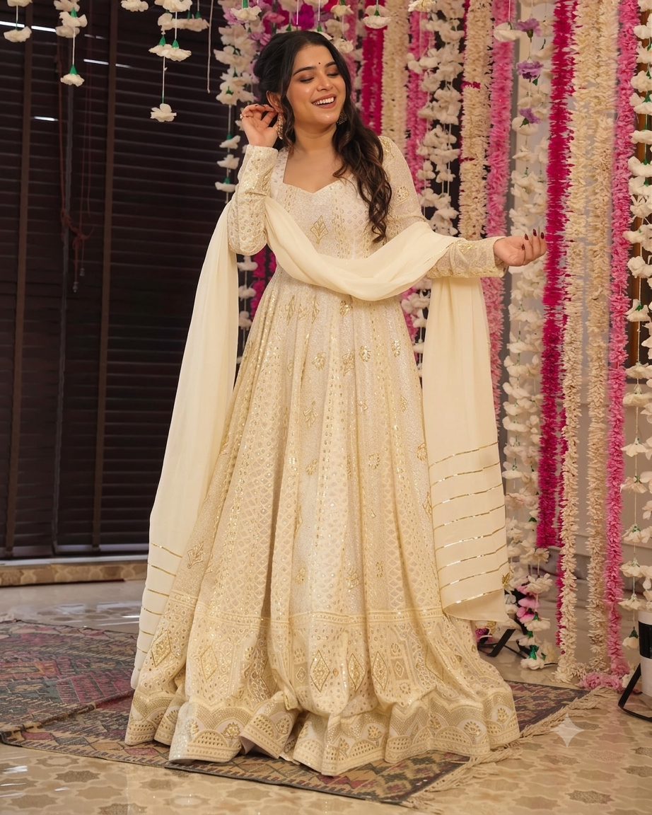 Off White Sequin Embroidered Anarkali Suit Set