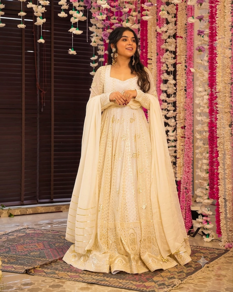 Off White Sequin Embroidered Anarkali Suit Set