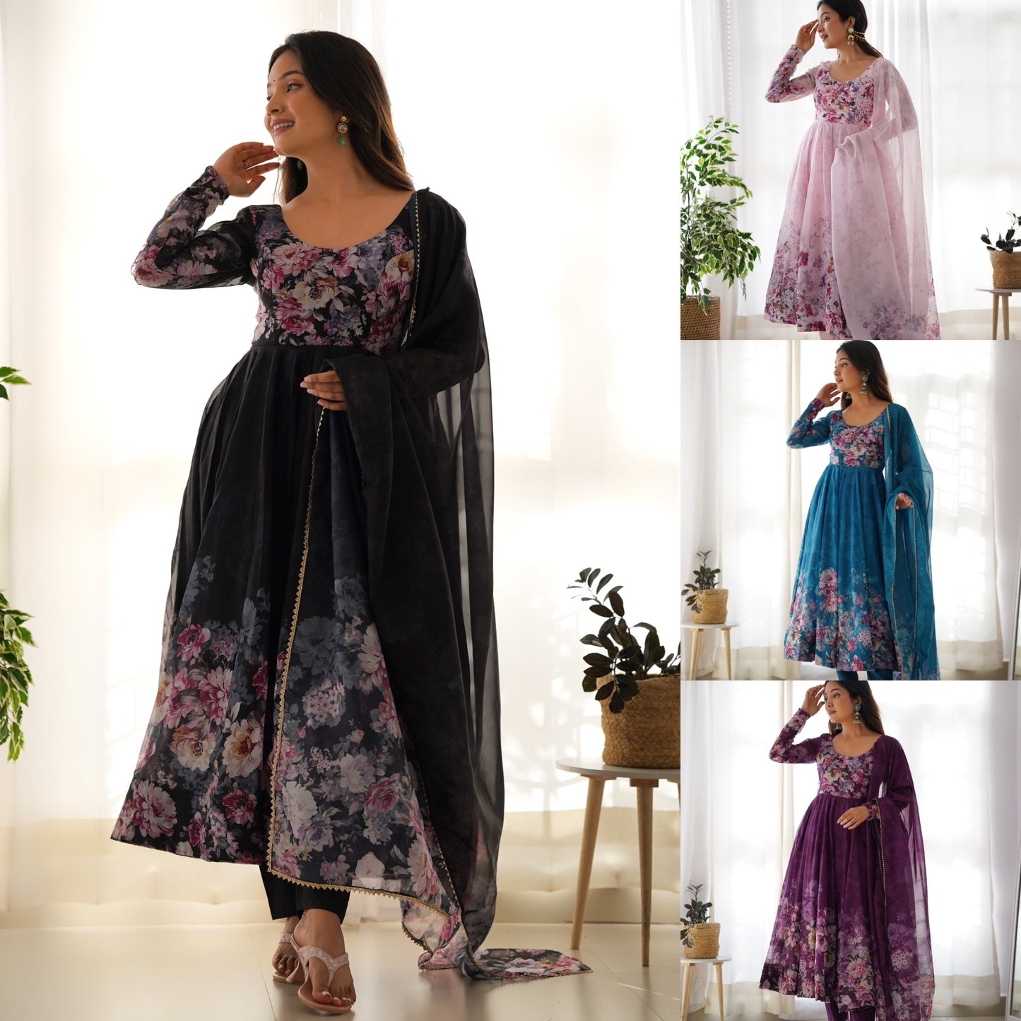 Precious Black, Pink, Wine, And Aqua Blue Color Organza Silk Print Anarkali Suit Set KB-261