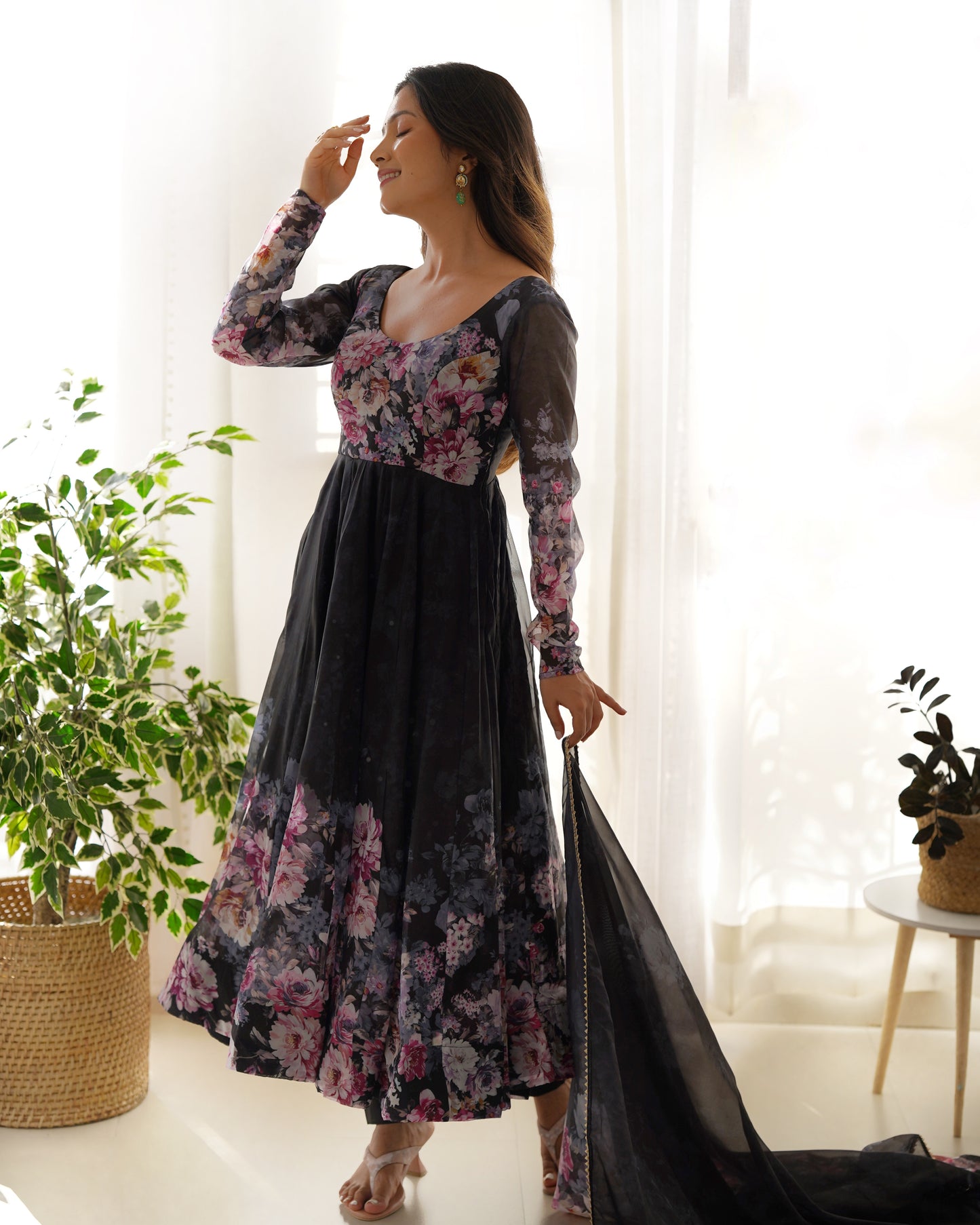 Precious Black, Pink, Wine, And Aqua Blue Color Organza Silk Print Anarkali Suit Set KB-261